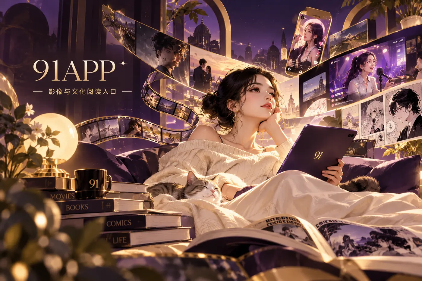 深葡萄紫与暖色构成的主题封面